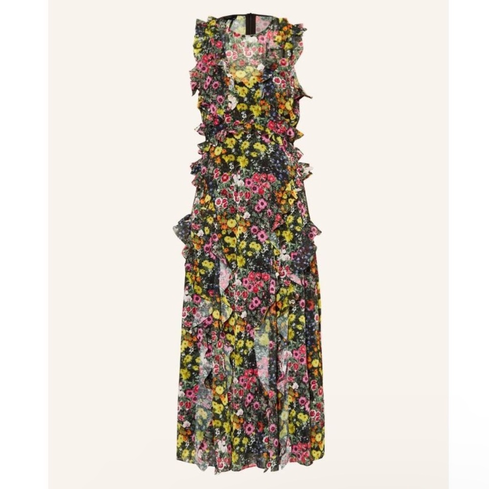 Ted Baker London Black Floral Ruffled Midi Dress with Pink & Yellow Flowers